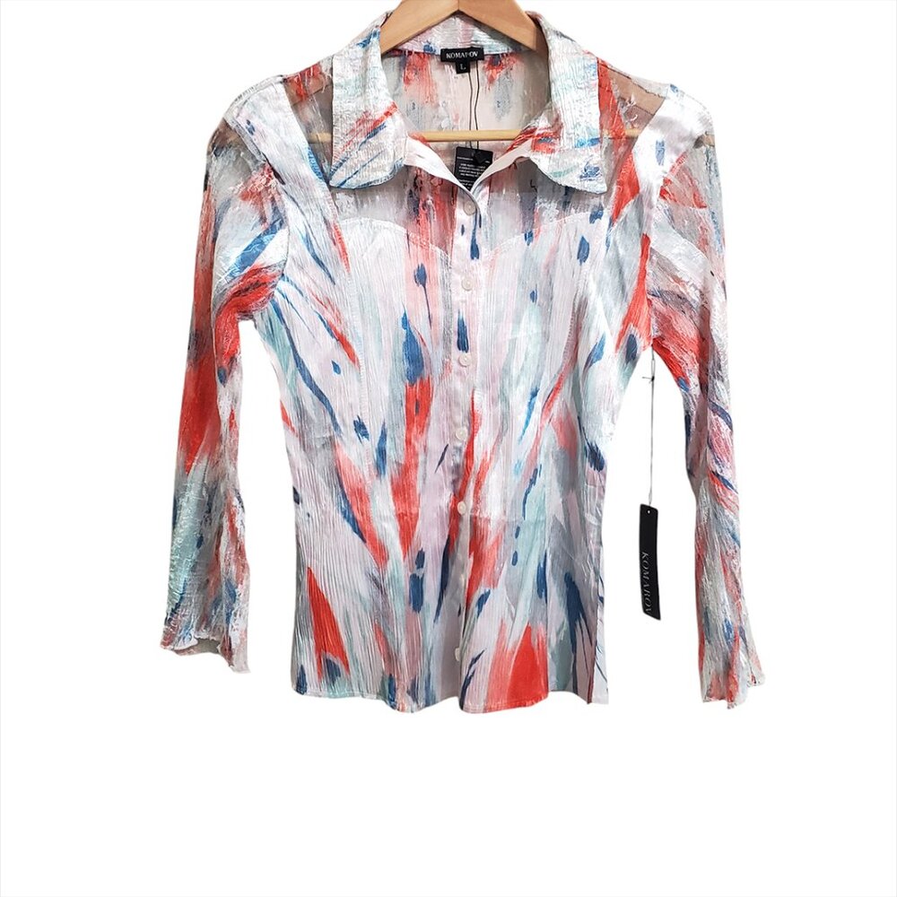 KOMAROV Womens Button Up Crinkle Lace Accent Shirt Large Long Sleeve Col…